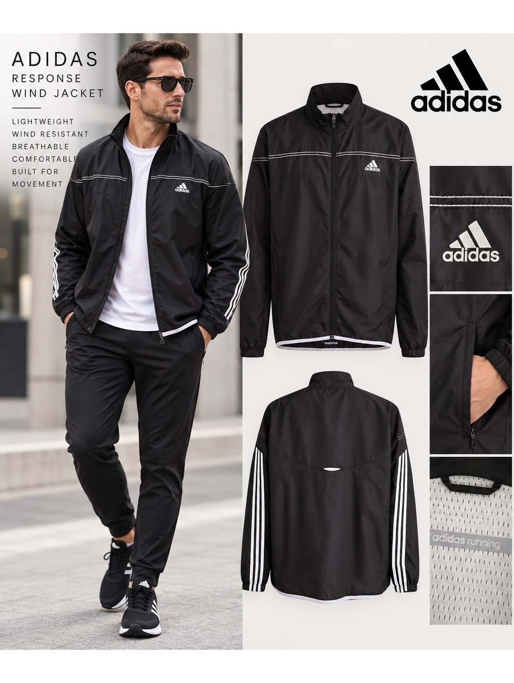 NWT Adidas Men's M Black White Full-Zip Windbreaker Jacket Sporty Athleisure